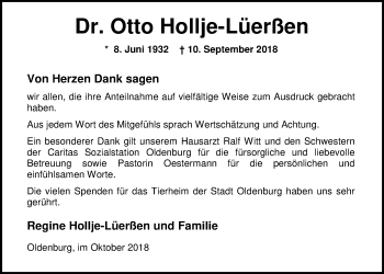 Traueranzeige von Otto Hollje-Lüerßen von Nordwest-Zeitung