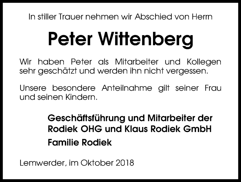  Traueranzeige für Peter Wittenberg vom 27.10.2018 aus Nordwest-Zeitung