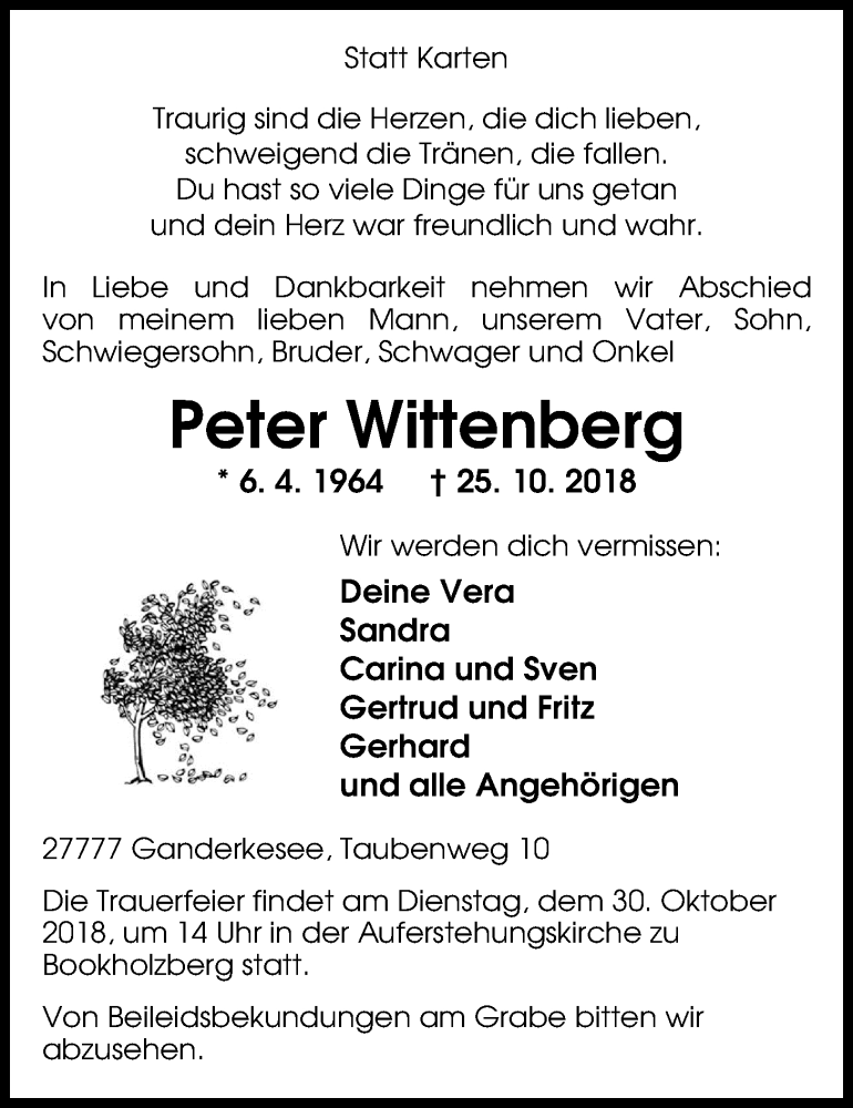  Traueranzeige für Peter Wittenberg vom 27.10.2018 aus Nordwest-Zeitung