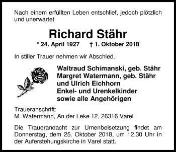Traueranzeige von Richard Stähr von Nordwest-Zeitung