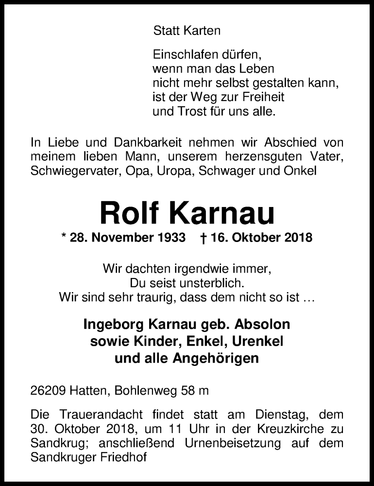 Traueranzeige für Rolf Karnau vom 23.10.2018 aus Nordwest-Zeitung