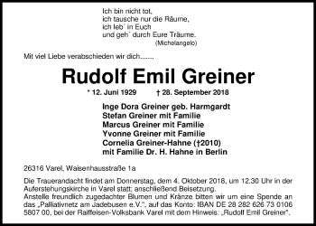 Traueranzeige von Rudolf Emil Greiner von Nordwest-Zeitung