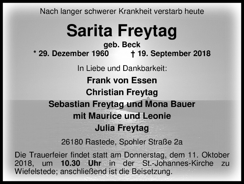  Traueranzeige für Sarita Freytag vom 08.10.2018 aus Nordwest-Zeitung