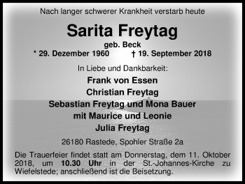 Traueranzeige von Sarita Freytag von Nordwest-Zeitung