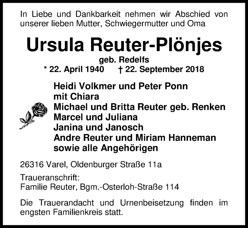 Traueranzeige für Ursula Reuter-Plönjes vom 05.10.2018 aus Nordwest-Zeitung
