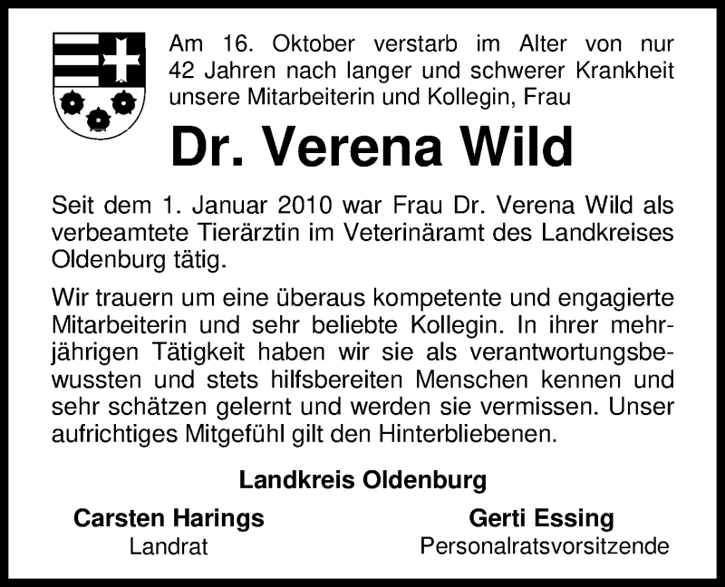  Traueranzeige für Verena Wild vom 20.10.2018 aus Nordwest-Zeitung