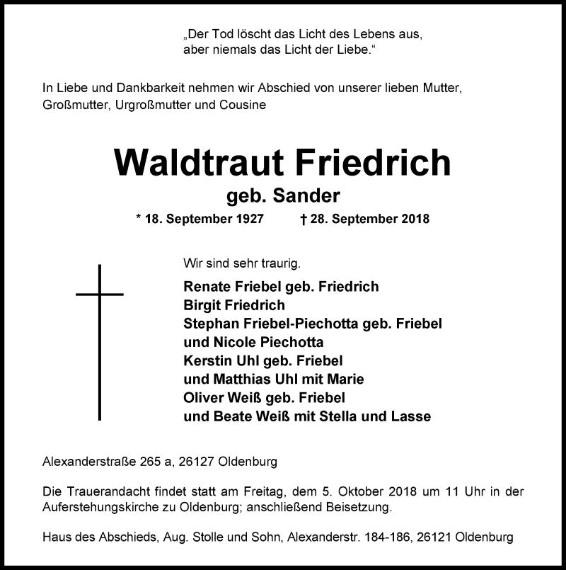 Traueranzeige für Waldtraut Friedrich vom 02.10.2018 aus Nordwest-Zeitung