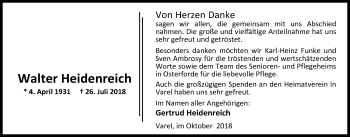 Traueranzeige von Walter Heidenreich von Nordwest-Zeitung