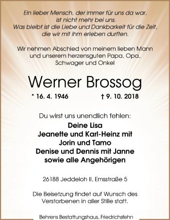 Traueranzeige von Werner Brossog von Nordwest-Zeitung
