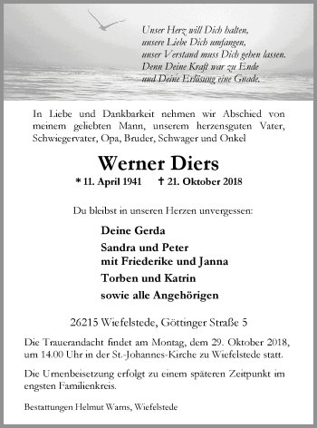 Traueranzeige von Werner Diers von Nordwest-Zeitung