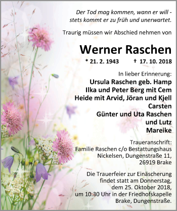Traueranzeige von Werner Raschen von Nordwest-Zeitung