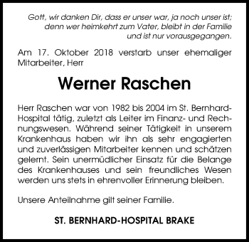 Traueranzeige von Werner Raschen von Nordwest-Zeitung