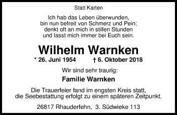 Traueranzeige von Wilhelm Warnken von Nordwest-Zeitung