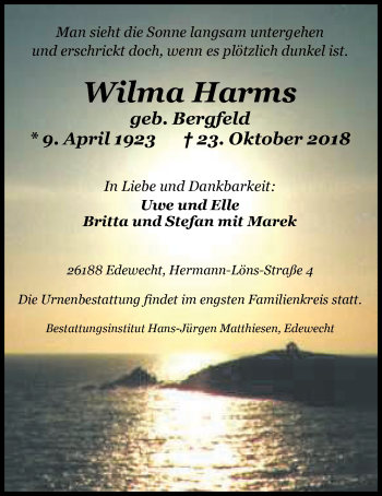 Traueranzeige von Wilma Harms von Nordwest-Zeitung