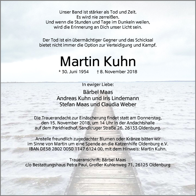  Traueranzeige für Martin Kuhn vom 13.11.2018 aus Nordwest-Zeitung