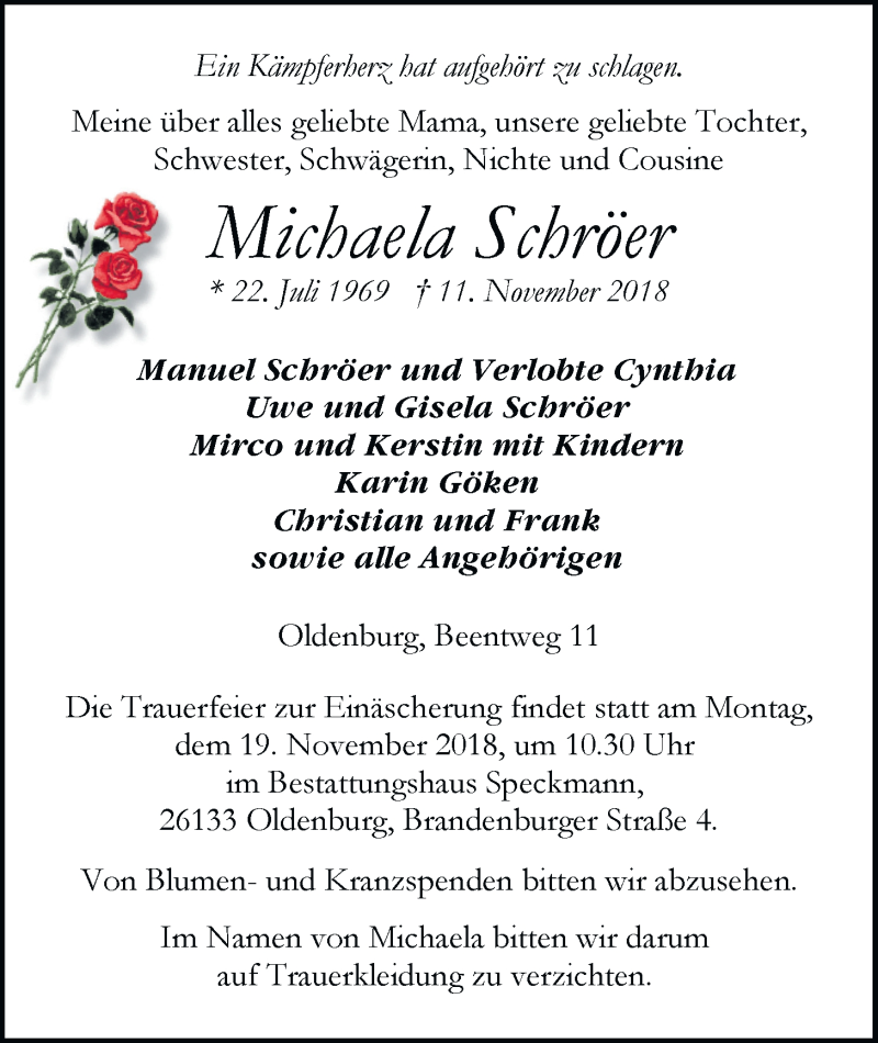  Traueranzeige für Michaela Schröer vom 14.11.2018 aus 