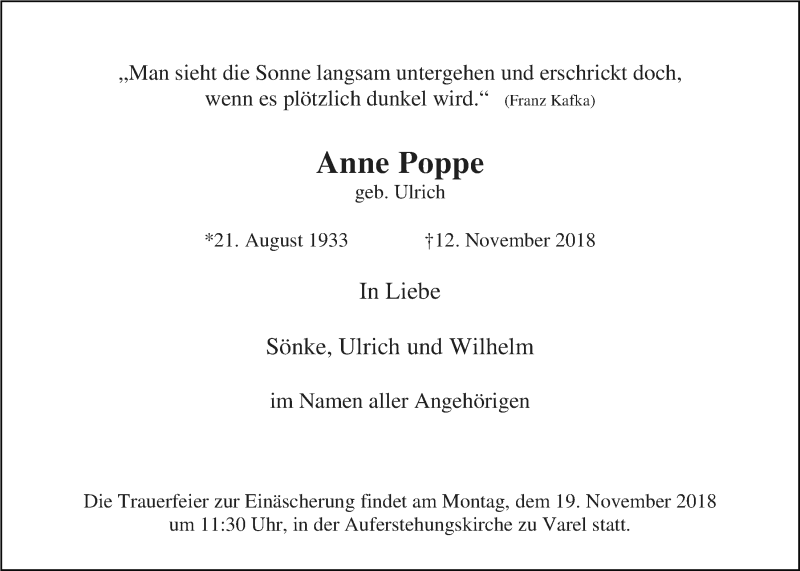  Traueranzeige für Anne Poppe vom 16.11.2018 aus 