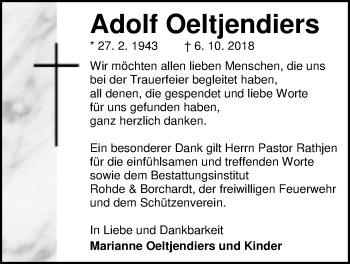 Traueranzeige von Adolf Oeltjendiers von Nordwest-Zeitung