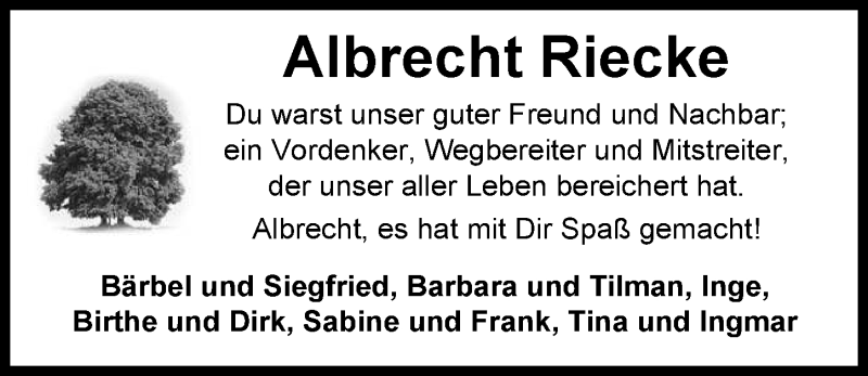  Traueranzeige für Albrecht Riecke vom 02.11.2018 aus Nordwest-Zeitung