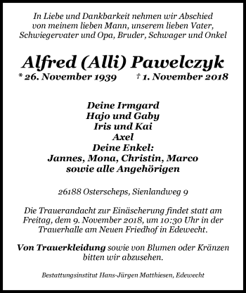 Traueranzeige von Alfred (Alli) Pawelczyk von Nordwest-Zeitung