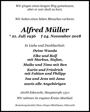 Traueranzeige von Alfred Müller von Nordwest-Zeitung