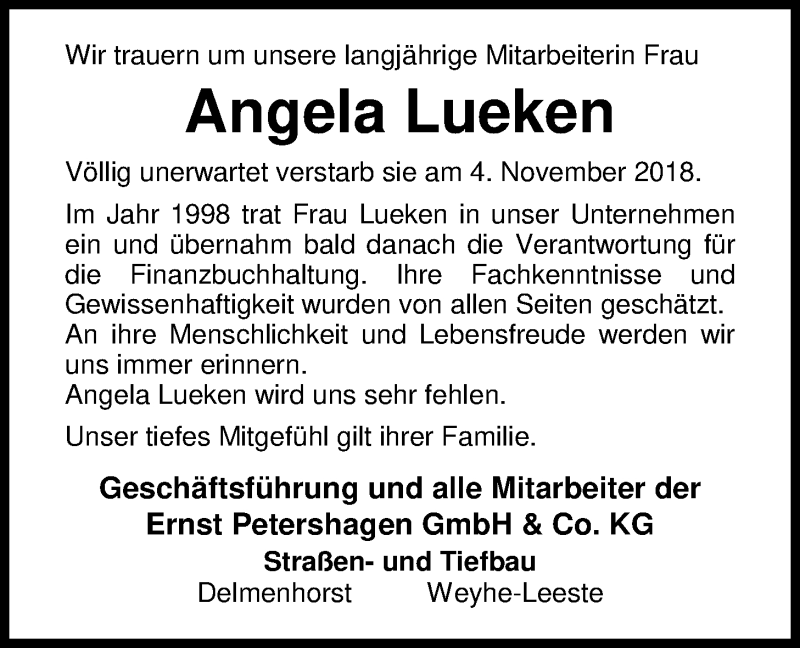  Traueranzeige für Angela Lueken vom 16.11.2018 aus Nordwest-Zeitung