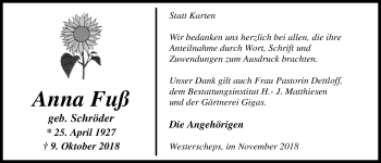 Traueranzeige von Anna Fuß von Nordwest-Zeitung