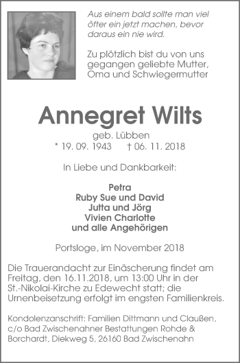 Traueranzeige von Annegret Wilts von Nordwest-Zeitung