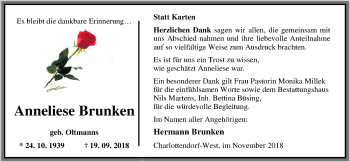 Traueranzeige von Anneliese Brunken von Nordwest-Zeitung
