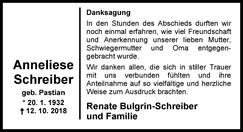  Traueranzeige für Anneliese Schreiber vom 24.11.2018 aus Nordwest-Zeitung