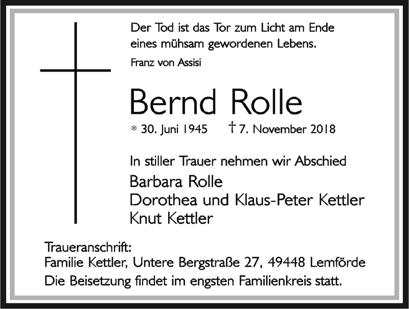  Traueranzeige für Bernd Rolle vom 10.11.2018 aus Nordwest-Zeitung