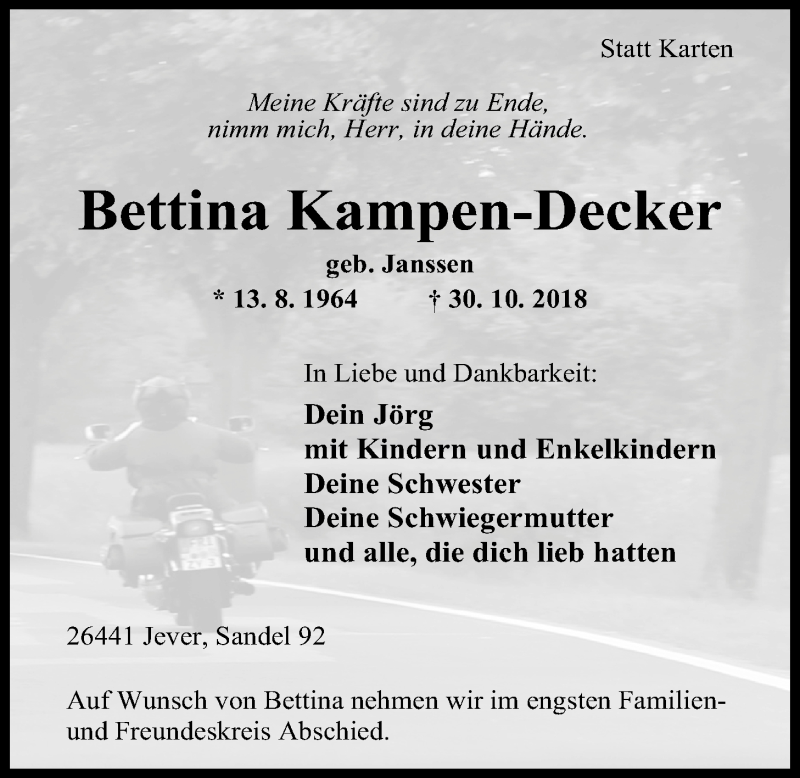  Traueranzeige für Bettina Kampen-Decker vom 03.11.2018 aus Nordwest-Zeitung