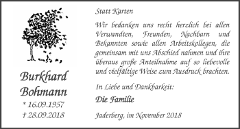 Traueranzeige von Burkhard Bohmann von Nordwest-Zeitung