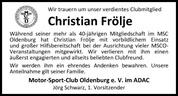 Traueranzeige von Christian Frölje von Nordwest-Zeitung