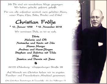 Traueranzeige von Christian Frölje von Nordwest-Zeitung