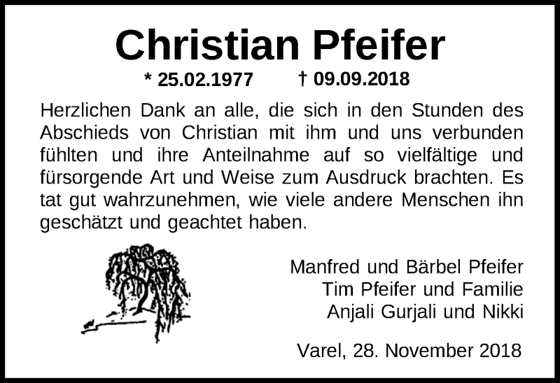  Traueranzeige für Christian Pfeifer vom 28.11.2018 aus Nordwest-Zeitung