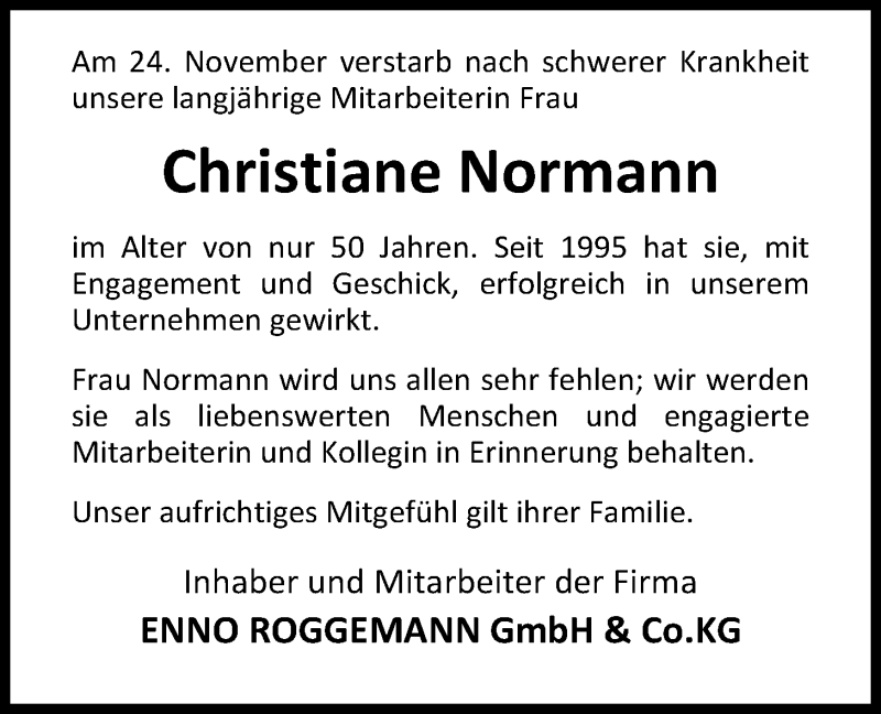  Traueranzeige für Christiane Normann vom 28.11.2018 aus Nordwest-Zeitung