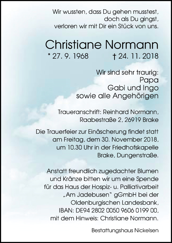  Traueranzeige für Christiane Normann vom 28.11.2018 aus Nordwest-Zeitung