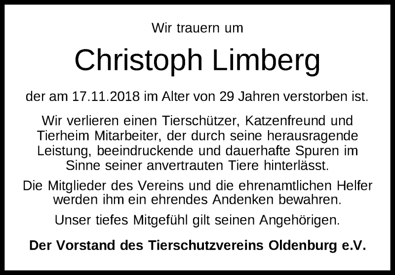  Traueranzeige für Christoph Limberg vom 20.11.2018 aus Nordwest-Zeitung