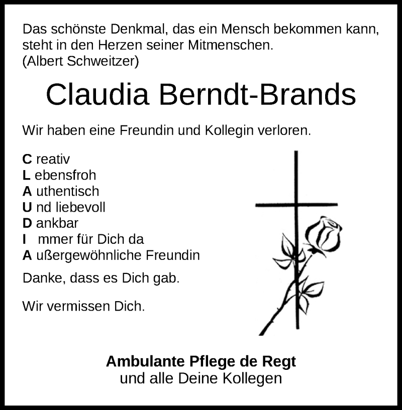  Traueranzeige für Claudia Berndt-Brands vom 08.11.2018 aus Nordwest-Zeitung