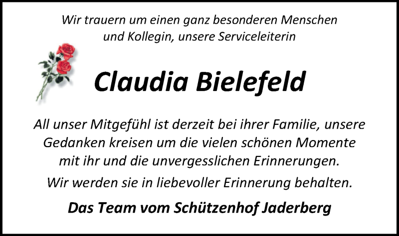  Traueranzeige für Claudia Bielefeld vom 03.11.2018 aus Nordwest-Zeitung