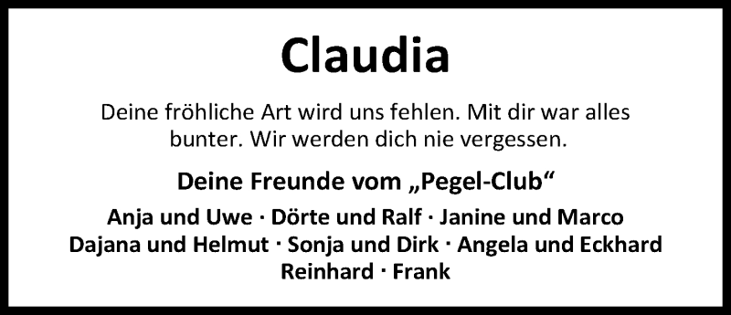  Traueranzeige für Claudia Bielefeld vom 06.11.2018 aus Nordwest-Zeitung
