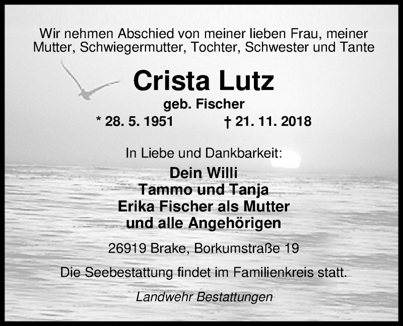  Traueranzeige für Crista Lutz vom 24.11.2018 aus Nordwest-Zeitung