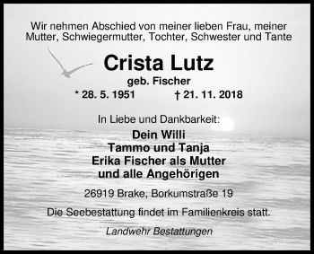 Traueranzeige von Crista Lutz von Nordwest-Zeitung