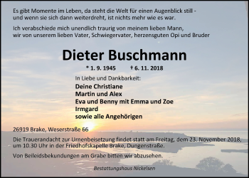 Traueranzeige von Dieter Buschmann von Nordwest-Zeitung