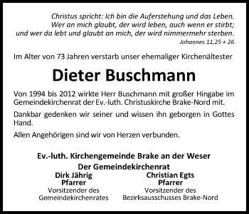 Traueranzeige von Dieter Buschmann von Nordwest-Zeitung