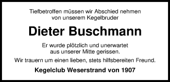 Traueranzeige von Dieter Buschmann von Nordwest-Zeitung