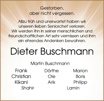 Traueranzeige von Dieter Buschmann von Nordwest-Zeitung