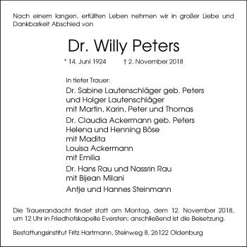 Traueranzeige von Dr. Willy Peters von Nordwest-Zeitung