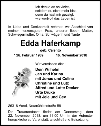 Traueranzeige von Edda Haferkamp von Nordwest-Zeitung